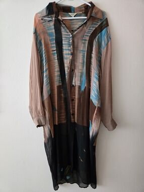 Dorman XL  Brown, Blue & Black 100% Silk Button Up Dress Or Coverup Vintage